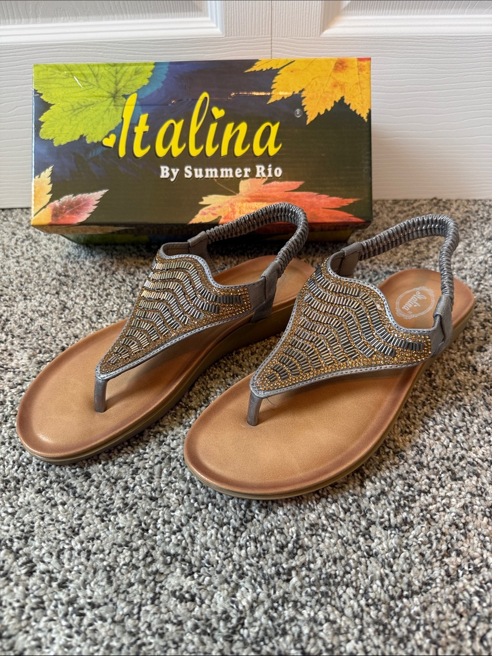 Summer Rio Tan Footbed Metallic Gray Embellished Slingback Sandals